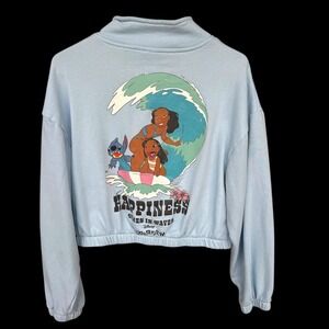 Disney Lilo & Stitch Sweatshirt Womens Medium Blue Quarter Zip Cropped Pullover